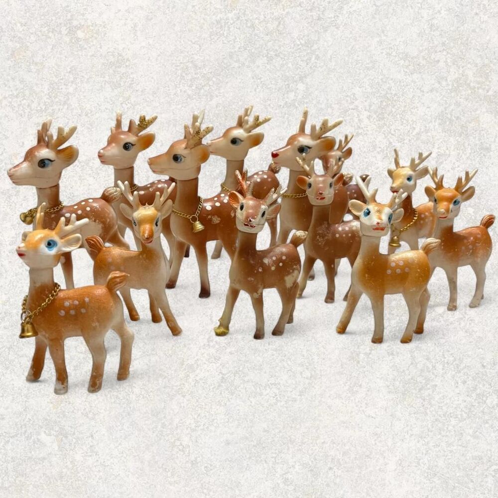 MCM Vintage Retro Christmas Rare 13 Rubber Plastic Deer Figurines